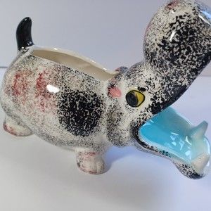 Vintage Hippo Ceramic Planter Vase Japan Hippopotamus Open Mouth Business Cards